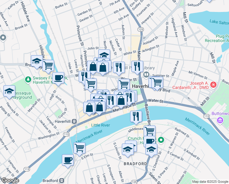 map of restaurants, bars, coffee shops, grocery stores, and more near 60 Bailey Boulevard in Haverhill