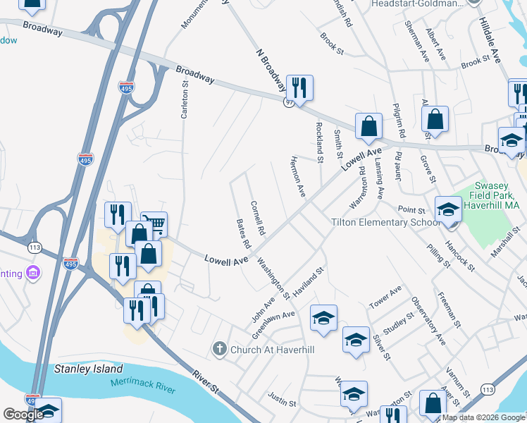 map of restaurants, bars, coffee shops, grocery stores, and more near 8 Cornell Road in Haverhill