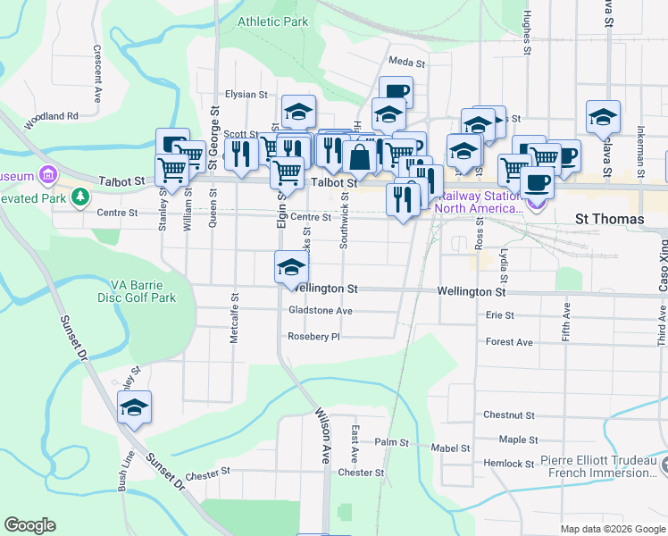 map of restaurants, bars, coffee shops, grocery stores, and more near 73 Wellington Street in St. Thomas