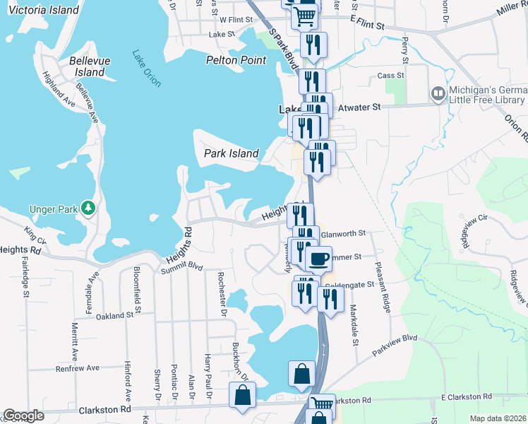 map of restaurants, bars, coffee shops, grocery stores, and more near 154 Heights Road in Orion charter Township