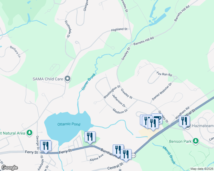 map of restaurants, bars, coffee shops, grocery stores, and more near 7 Washington Street in Hudson