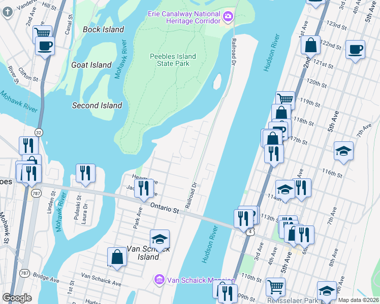 map of restaurants, bars, coffee shops, grocery stores, and more near 34 Waters View Circle in Cohoes