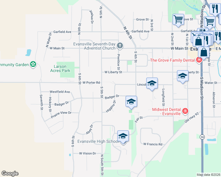 map of restaurants, bars, coffee shops, grocery stores, and more near 478 Badger Drive in Evansville