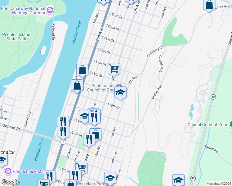 map of restaurants, bars, coffee shops, grocery stores, and more near 36 117th Street in Troy