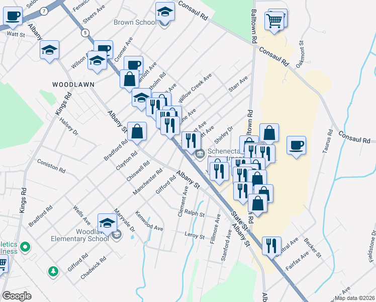 map of restaurants, bars, coffee shops, grocery stores, and more near 2010 State Street in Schenectady