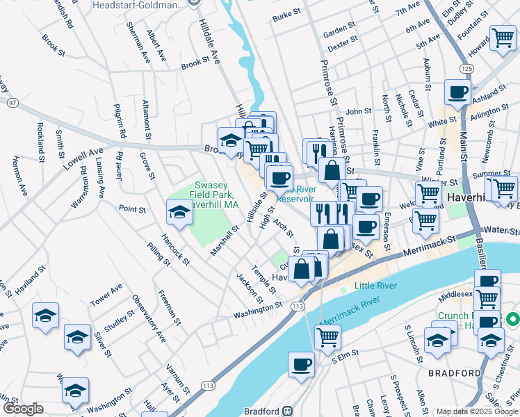map of restaurants, bars, coffee shops, grocery stores, and more near 28 High Street in Haverhill