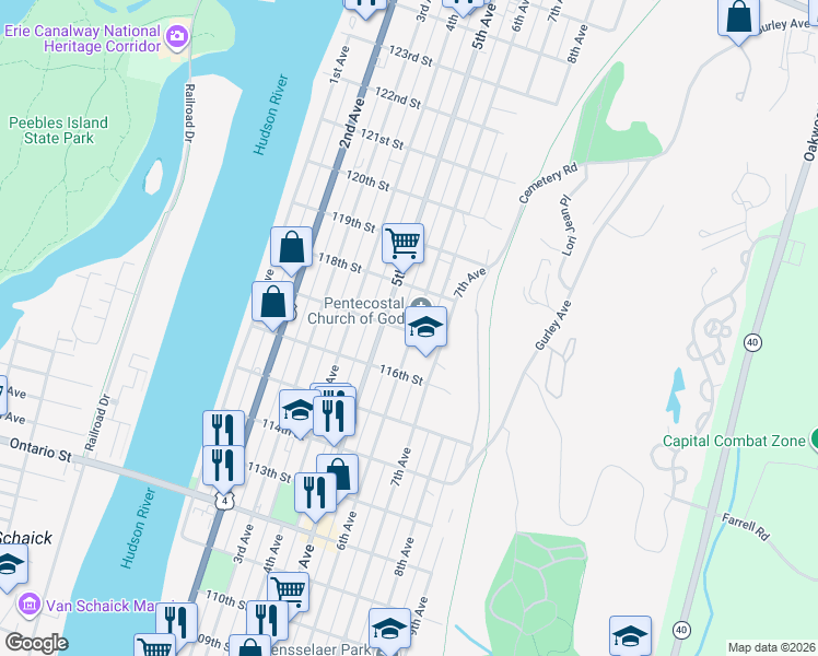 map of restaurants, bars, coffee shops, grocery stores, and more near 36 117th Street in Troy