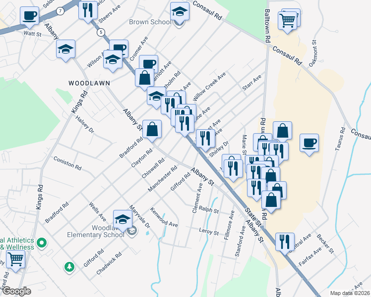 map of restaurants, bars, coffee shops, grocery stores, and more near 3227 Albany Street in Schenectady