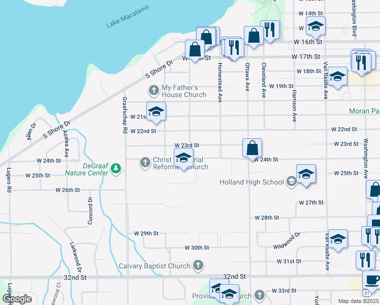 map of restaurants, bars, coffee shops, grocery stores, and more near 569 Diekema Avenue in Holland