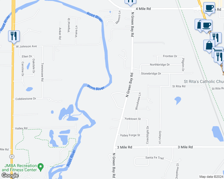 map of restaurants, bars, coffee shops, grocery stores, and more near 4334 Kennedy Drive in Racine
