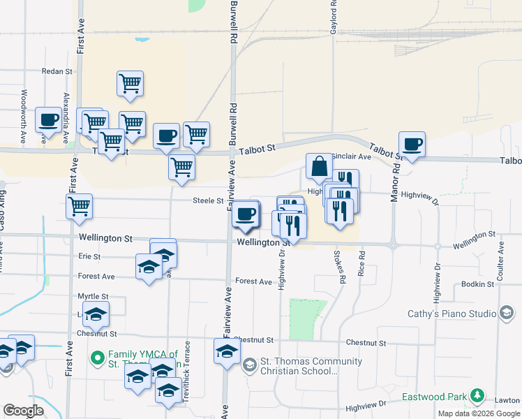 map of restaurants, bars, coffee shops, grocery stores, and more near 14 Rickwood Place in St. Thomas