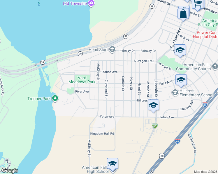 map of restaurants, bars, coffee shops, grocery stores, and more near 400 Cleveland Street in American Falls