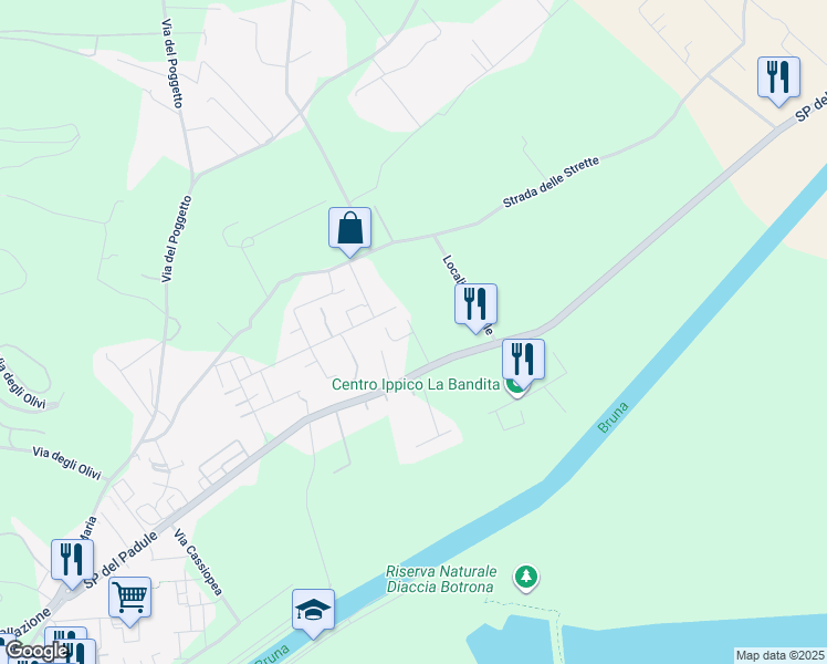 map of restaurants, bars, coffee shops, grocery stores, and more near 3 Strada Provinciale del Padule in Provincia di Grosseto