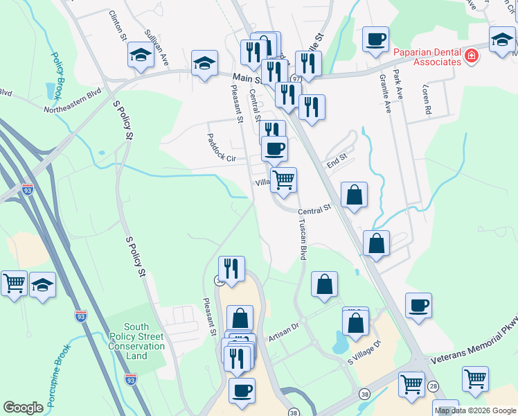 map of restaurants, bars, coffee shops, grocery stores, and more near 700 Central Street in Salem