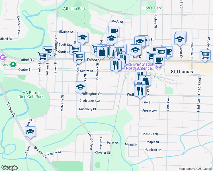 map of restaurants, bars, coffee shops, grocery stores, and more near 53 Mitchell Street in Saint Thomas
