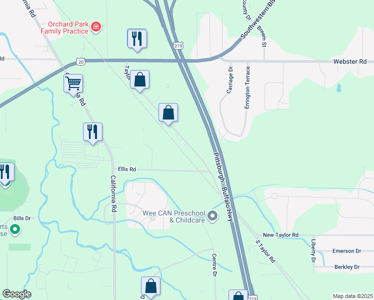 map of restaurants, bars, coffee shops, grocery stores, and more near 3970 Taylor Road in Orchard Park