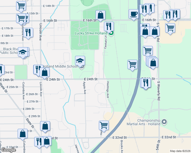 map of restaurants, bars, coffee shops, grocery stores, and more near 434 East 24th Street in Holland