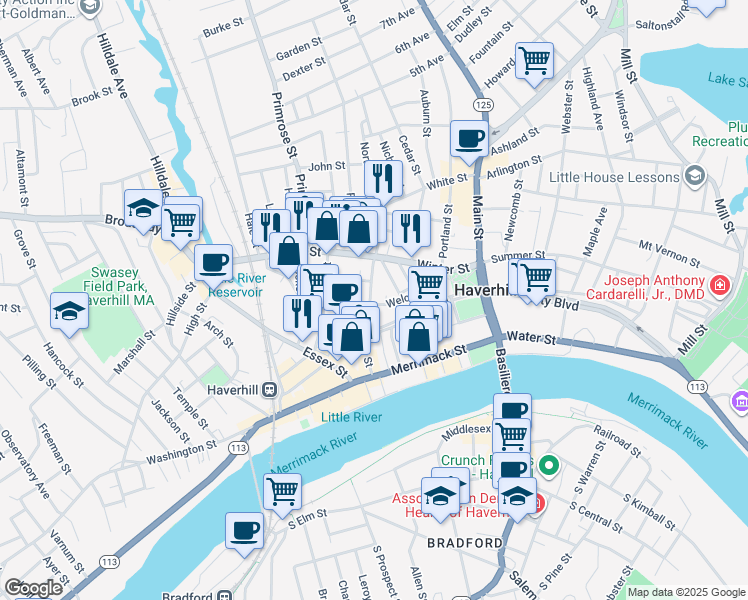 map of restaurants, bars, coffee shops, grocery stores, and more near 112 Emerson Street in Haverhill