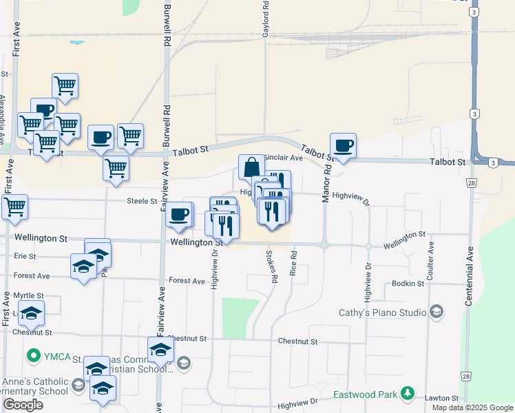 map of restaurants, bars, coffee shops, grocery stores, and more near 2 Farmington Drive in St. Thomas