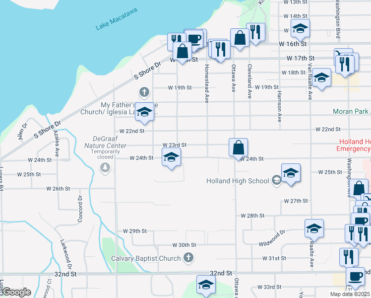 map of restaurants, bars, coffee shops, grocery stores, and more near 526 West 23rd Street in Holland