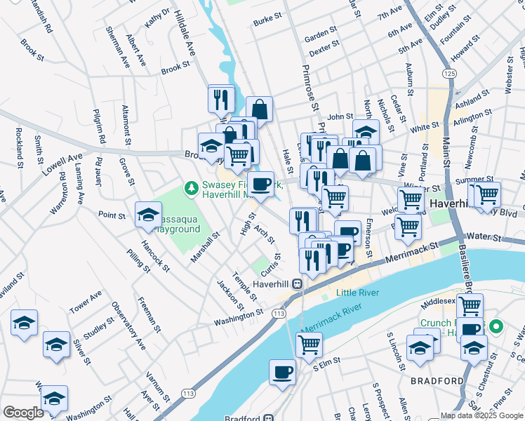 map of restaurants, bars, coffee shops, grocery stores, and more near 89 Lafayette Square in Haverhill