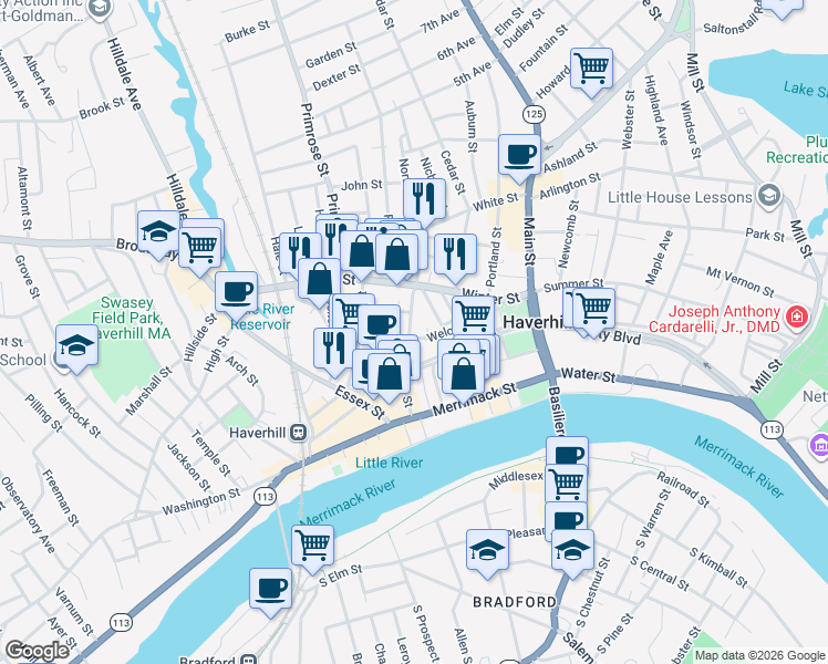 map of restaurants, bars, coffee shops, grocery stores, and more near 112 Emerson Street in Haverhill