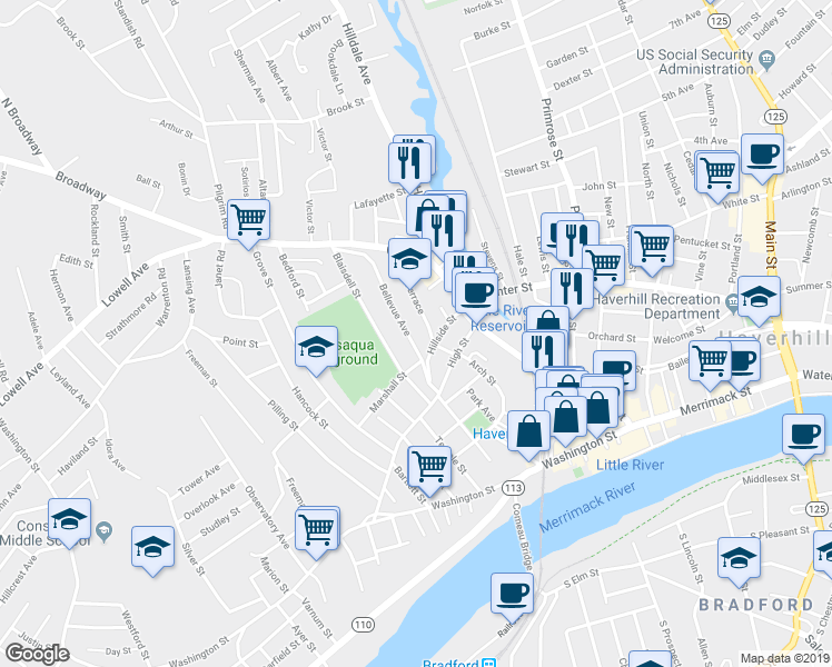 map of restaurants, bars, coffee shops, grocery stores, and more near 23 Oak Terrace in Haverhill