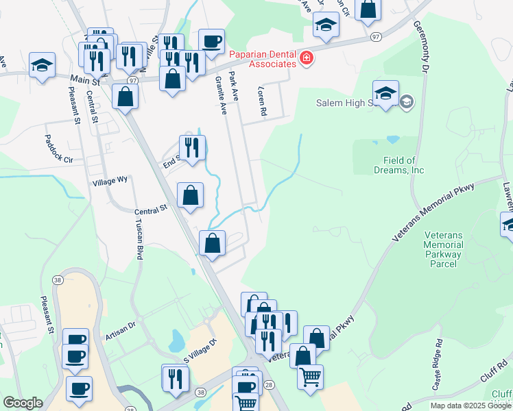 map of restaurants, bars, coffee shops, grocery stores, and more near 43 Park Avenue in Salem