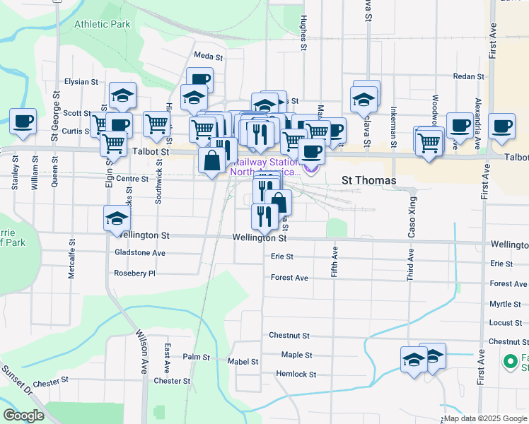 map of restaurants, bars, coffee shops, grocery stores, and more near in St. Thomas
