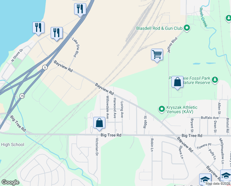map of restaurants, bars, coffee shops, grocery stores, and more near 3967 Delmar Avenue in Buffalo
