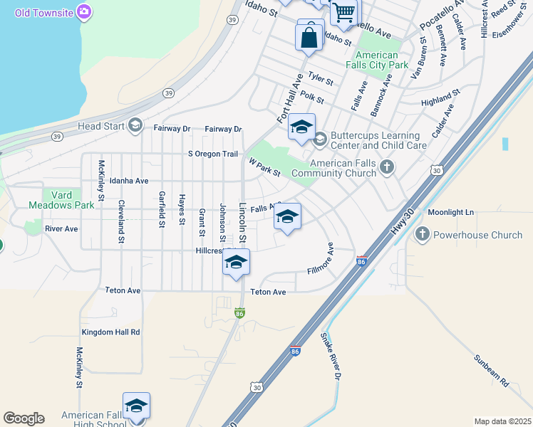 map of restaurants, bars, coffee shops, grocery stores, and more near 1181 Falls Avenue in American Falls
