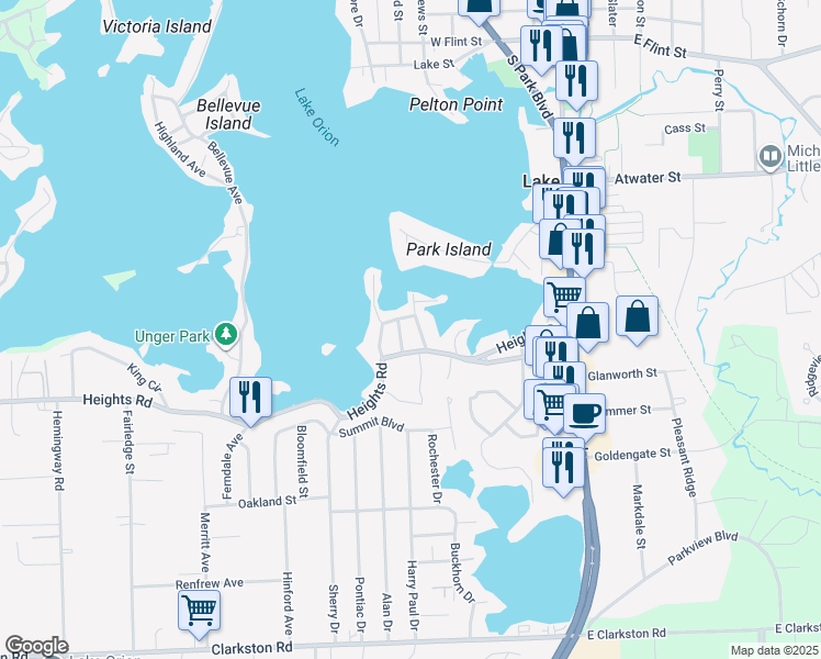 map of restaurants, bars, coffee shops, grocery stores, and more near 446 Algene Street in Orion charter Township