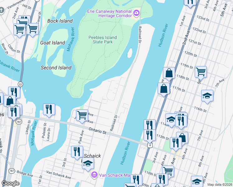 map of restaurants, bars, coffee shops, grocery stores, and more near 34 Waters View Circle in Cohoes