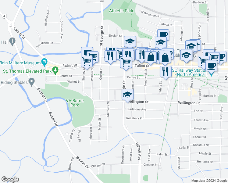 map of restaurants, bars, coffee shops, grocery stores, and more near 45 Metcalfe Street in Saint Thomas