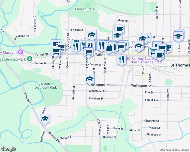 map of restaurants, bars, coffee shops, grocery stores, and more near 47 Hincks Street in Saint Thomas