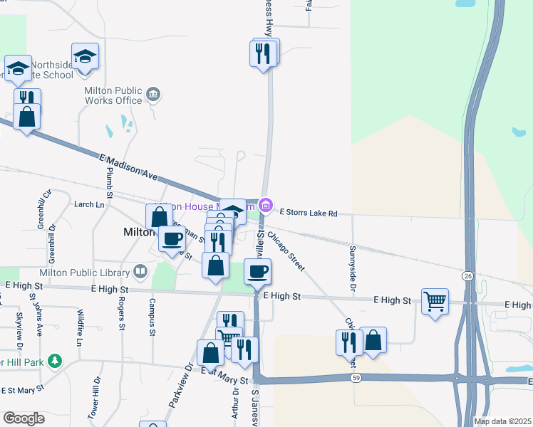 map of restaurants, bars, coffee shops, grocery stores, and more near 18 South Janesville Street in Milton