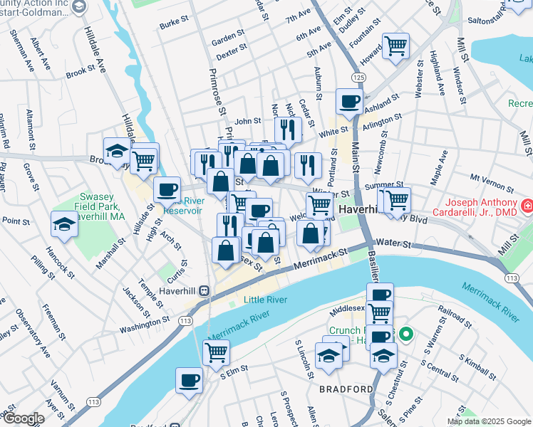 map of restaurants, bars, coffee shops, grocery stores, and more near 30 Grand Avenue in Haverhill