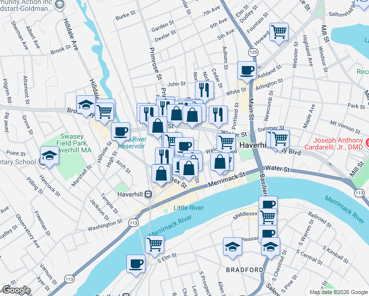 map of restaurants, bars, coffee shops, grocery stores, and more near 30 Grand Avenue in Haverhill