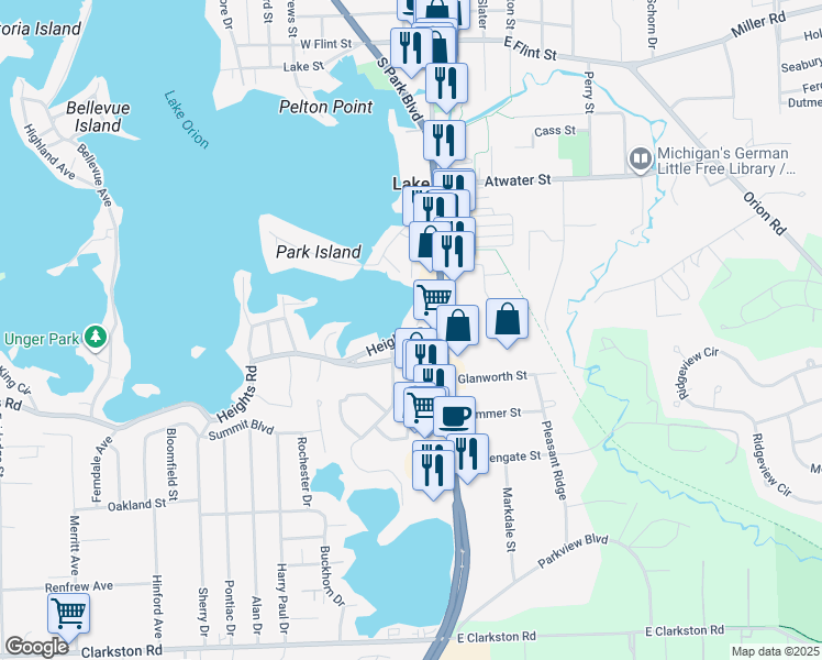 map of restaurants, bars, coffee shops, grocery stores, and more near 468 South Broadway Street in Orion charter Township
