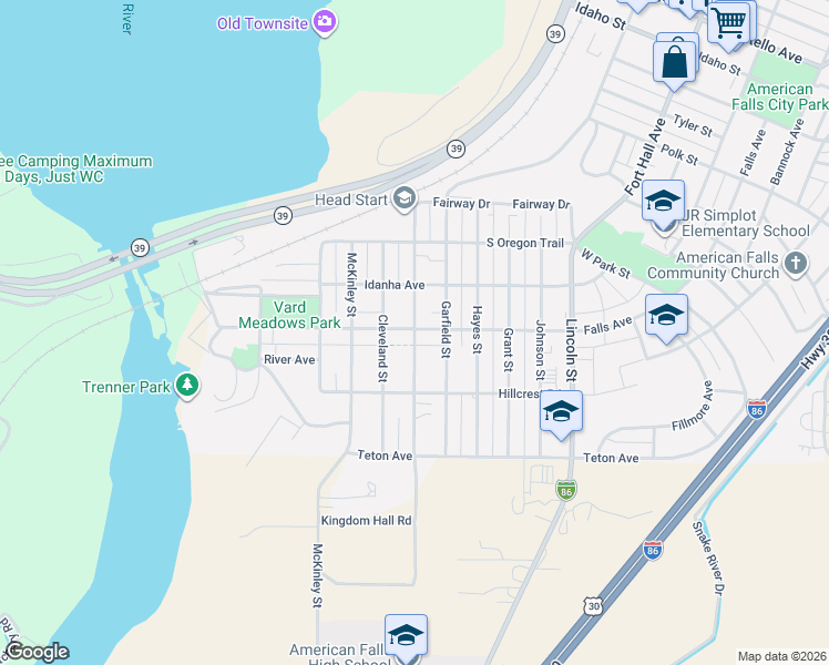 map of restaurants, bars, coffee shops, grocery stores, and more near 330 Garfield Street in American Falls
