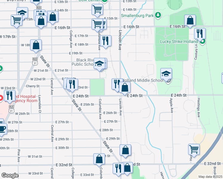 map of restaurants, bars, coffee shops, grocery stores, and more near 217 East 24th Street in Holland