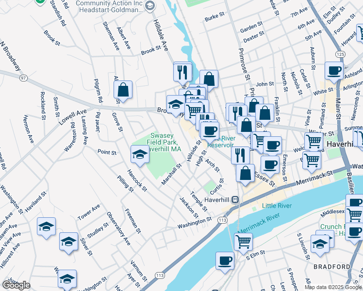 map of restaurants, bars, coffee shops, grocery stores, and more near 23 Oak Terrace in Haverhill