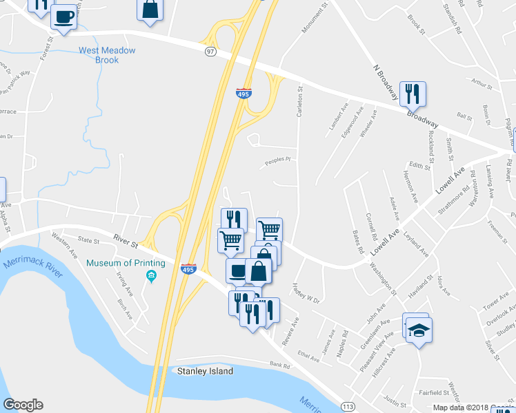 map of restaurants, bars, coffee shops, grocery stores, and more near 118 Hunters Run Place in Haverhill