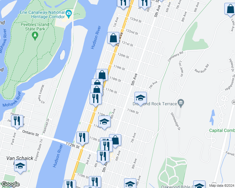 map of restaurants, bars, coffee shops, grocery stores, and more near 641 4th Avenue in Troy