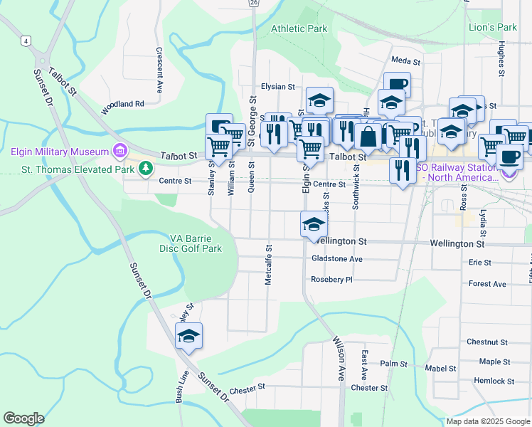 map of restaurants, bars, coffee shops, grocery stores, and more near 42 Metcalfe Street in St. Thomas