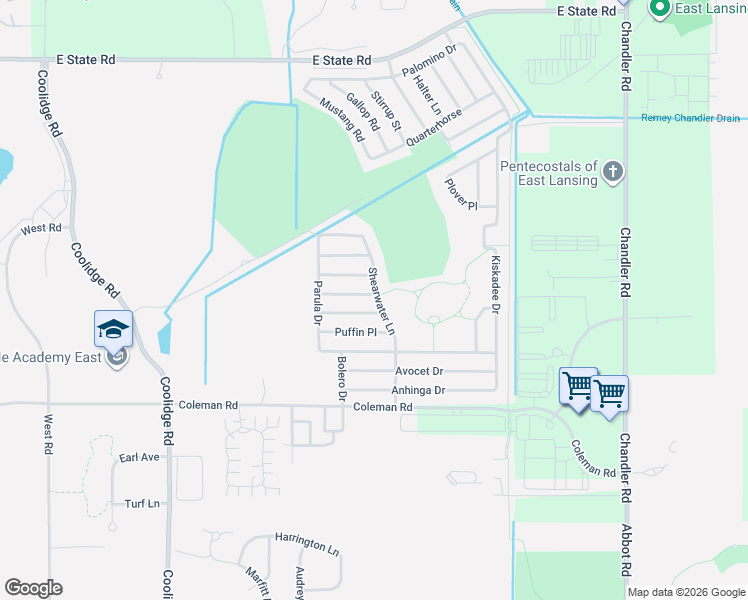 map of restaurants, bars, coffee shops, grocery stores, and more near 635 Phoebe Lane in East Lansing