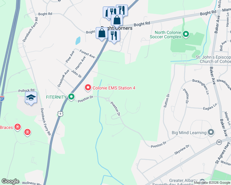 map of restaurants, bars, coffee shops, grocery stores, and more near 25 Stacey Court in Albany