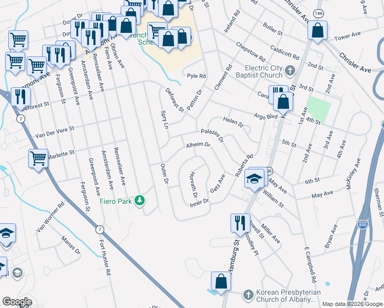 map of restaurants, bars, coffee shops, grocery stores, and more near 1065 Alheim Drive in Schenectady