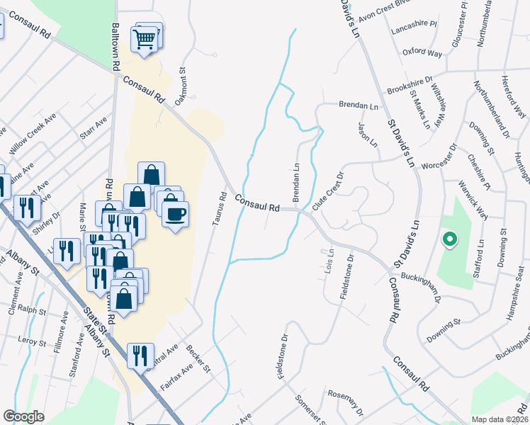 map of restaurants, bars, coffee shops, grocery stores, and more near 3520 Consaul Road in Schenectady