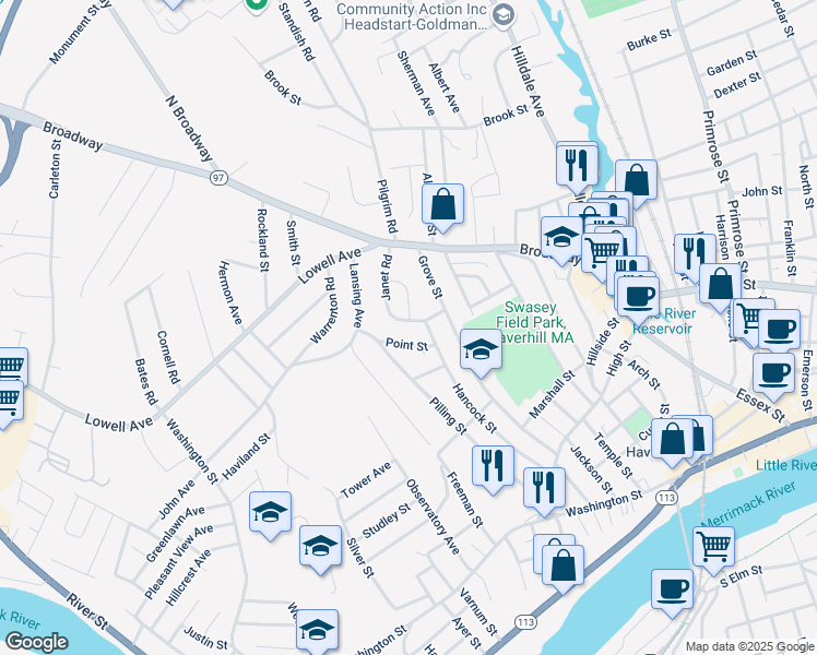 map of restaurants, bars, coffee shops, grocery stores, and more near 19 Janet Road in Haverhill
